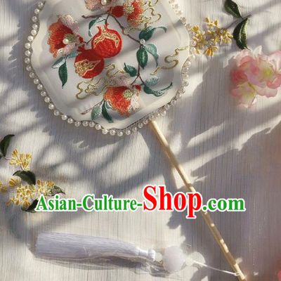 China Handmade Embroidered Pomegranate Palace Fan Classical White Silk Fan Traditional Hanfu Pearls Fan