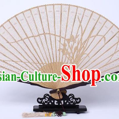 Chinese Hollow Sandalwood Accordion Handmade Ebony Fan Craft Classical Carving Orchids Folding Fan
