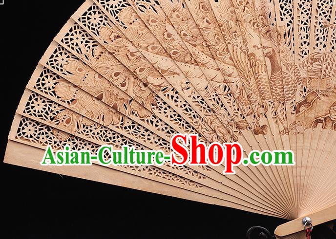 Chinese Classical Folding Fan Handmade Sandalwood Accordion Printing Peacock Fan Craft Chinese Classical Folding Fan Handmade Sandalwood Accordion Printing Peacock Fan Craft