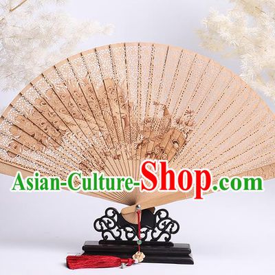 Chinese Classical Folding Fan Handmade Sandalwood Accordion Printing Peacock Fan Craft