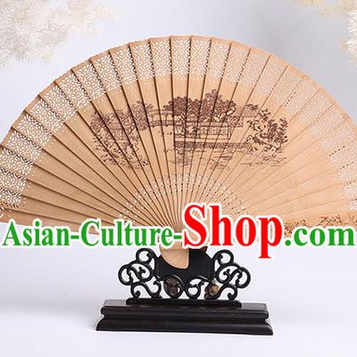 Chinese Handmade Sandalwood Accordion Printing Jiangnan View Fan Craft Classical Folding Fan
