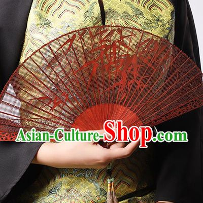 Chinese Hollow Sandalwood Accordion Classical Folding Fan Handmade Carving Bamboo Leaf Fan Craft