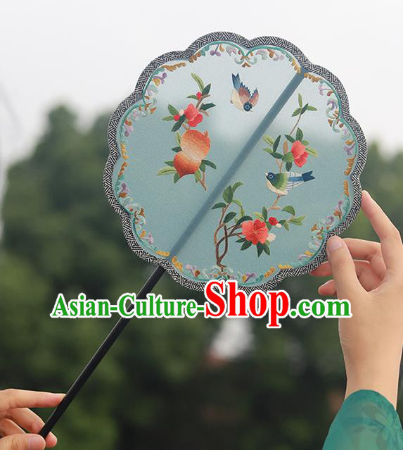 China Traditional Song Dynasty Wedding Fan Classical Blue Silk Fan Handmade Embroidered Palace Fan China Traditional Song Dynasty Wedding Fan Classical Blue Silk Fan Handmade Embroidered Palace Fan