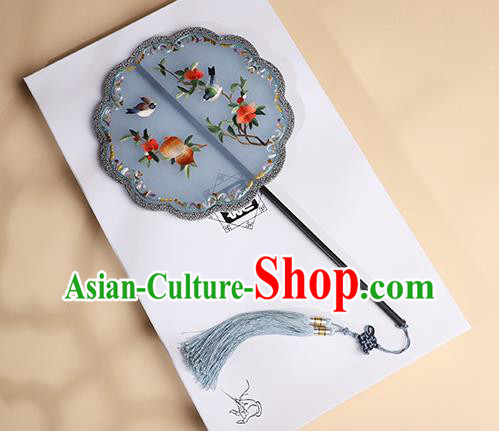China Traditional Song Dynasty Wedding Fan Classical Blue Silk Fan Handmade Embroidered Palace Fan China Traditional Song Dynasty Wedding Fan Classical Blue Silk Fan Handmade Embroidered Palace Fan