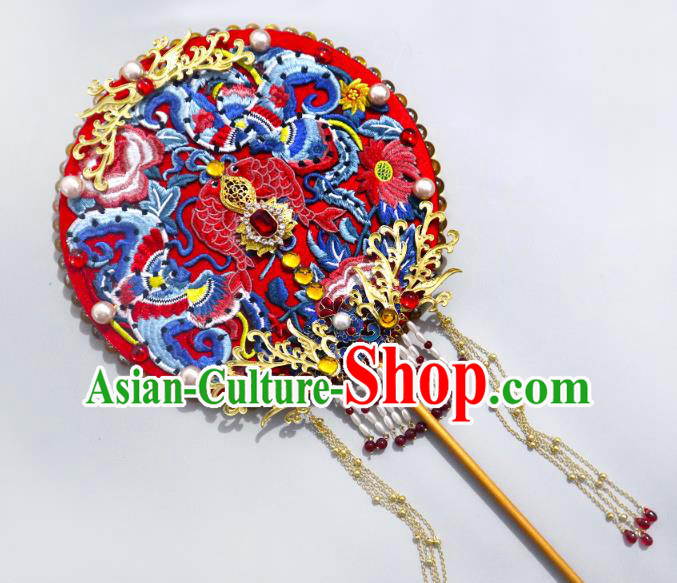 China Classical Pearls Tassel Circular Fan Traditional Wedding Fan Handmade Embroidered Red Palace Fan China Classical Pearls Tassel Circular Fan Traditional Wedding Fan Handmade Embroidered Red Palace Fan