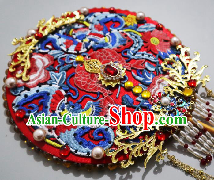 China Classical Pearls Tassel Circular Fan Traditional Wedding Fan Handmade Embroidered Red Palace Fan China Classical Pearls Tassel Circular Fan Traditional Wedding Fan Handmade Embroidered Red Palace Fan