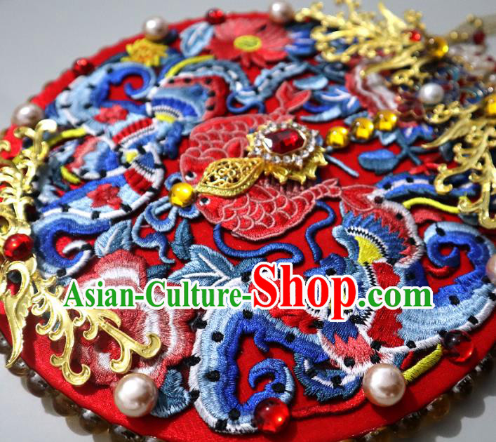 China Classical Pearls Tassel Circular Fan Traditional Wedding Fan Handmade Embroidered Red Palace Fan China Classical Pearls Tassel Circular Fan Traditional Wedding Fan Handmade Embroidered Red Palace Fan
