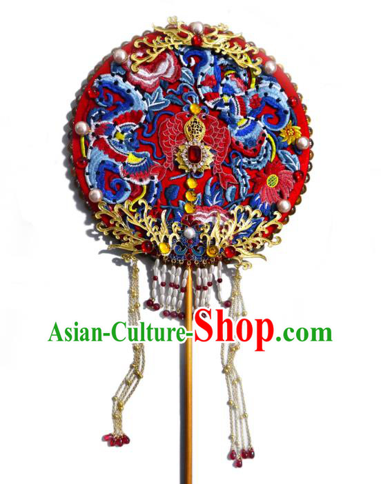China Classical Pearls Tassel Circular Fan Traditional Wedding Fan Handmade Embroidered Red Palace Fan China Classical Pearls Tassel Circular Fan Traditional Wedding Fan Handmade Embroidered Red Palace Fan