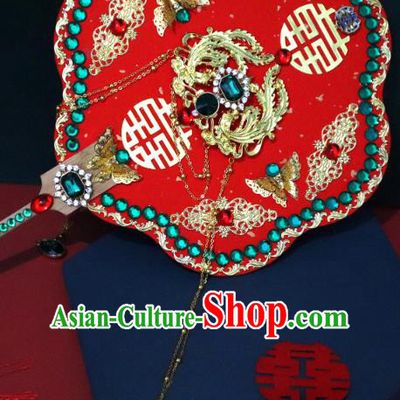 China Handmade Green Crystal Palace Fan Classical Bride Red Fan Traditional Wedding Silk Fan
