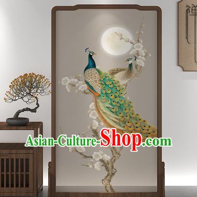 Chinese Handmade Wood Screen Printing Peacock Plum Folding Screen
