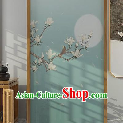 Chinese Printing Mangnolia Green Silk Folding Screen Handmade Wood Screen