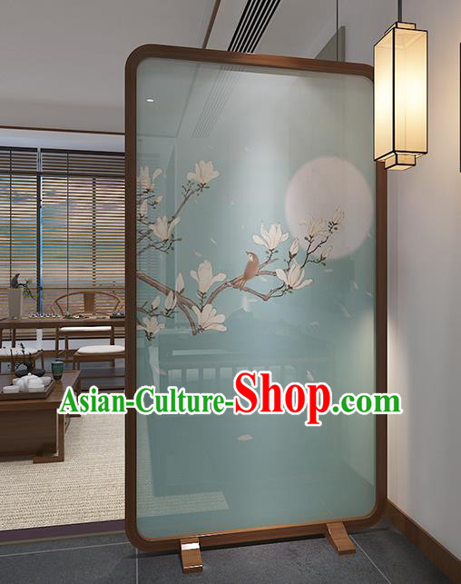 Chinese Printing Mangnolia Green Silk Folding Screen Handmade Wood Screen Chinese Printing Mangnolia Green Silk Folding Screen Handmade Wood Screen