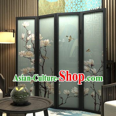 Chinese Handmade Rosewood Screen Printing Mangnolia Folding Screens