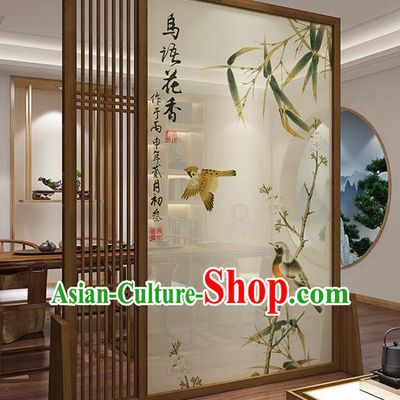 Chinese Handmade Printing Bamboo Bird Floor Screen Walnut Moving Screen