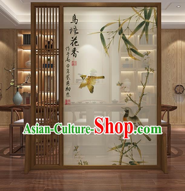 Chinese Handmade Printing Bamboo Bird Floor Screen Walnut Moving Screen Chinese Handmade Printing Bamboo Bird Floor Screen Walnut Moving Screen
