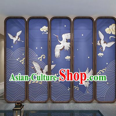Chinese Handmade Walnut Screen Printing Crane Blue Silk Folding Screens