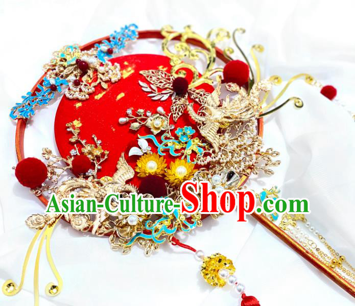 China Classical Wedding Hanfu Fan Traditional Golden Phoenix Tassel Fan Handmade Palace Fan China Classical Wedding Hanfu Fan Traditional Golden Phoenix Tassel Fan Handmade Palace Fan