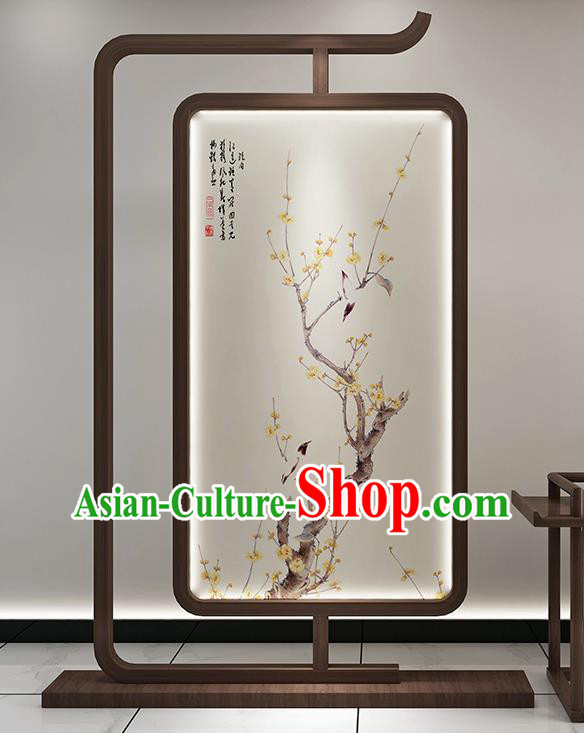 Chinese Handmade Walnut Stand Screen Printing Plum Bird Floor Lantern Chinese Handmade Walnut Stand Screen Printing Plum Bird Floor Lantern