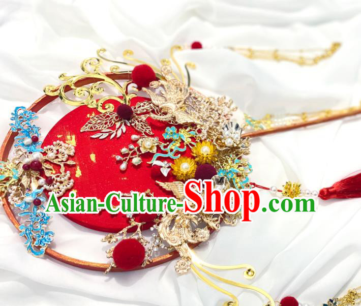 China Classical Wedding Hanfu Fan Traditional Golden Phoenix Tassel Fan Handmade Palace Fan China Classical Wedding Hanfu Fan Traditional Golden Phoenix Tassel Fan Handmade Palace Fan