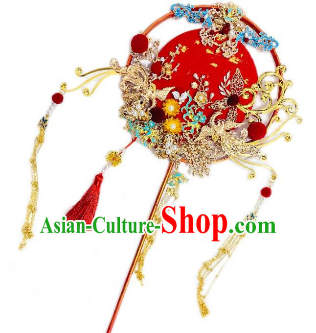 China Classical Wedding Hanfu Fan Traditional Golden Phoenix Tassel Fan Handmade Palace Fan China Classical Wedding Hanfu Fan Traditional Golden Phoenix Tassel Fan Handmade Palace Fan