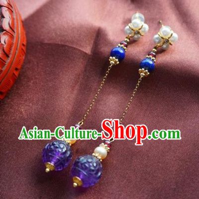 China Handmade Lapis Ear Accessories Traditional Cheongsam Amethyst Pearls Earrings