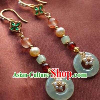 China Traditional Cheongsam Jade Peace Buckle Earrings Handmade Pearls Ear Accessories