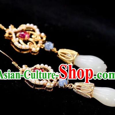 China Handmade Jade Mangnolia Ear Accessories Traditional Cheongsam Tourmaline Earrings