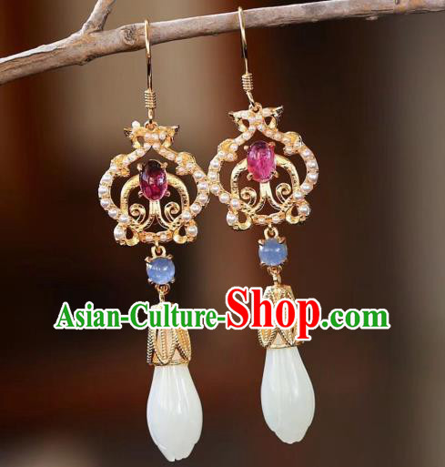 China Handmade Jade Mangnolia Ear Accessories Traditional Cheongsam Tourmaline Earrings China Handmade Jade Mangnolia Ear Accessories Traditional Cheongsam Tourmaline Earrings