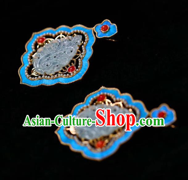 China Handmade Jadeite Ear Accessories Traditional Qing Dynasty Agate Blueing Earrings China Handmade Jadeite Ear Accessories Traditional Qing Dynasty Agate Blueing Earrings