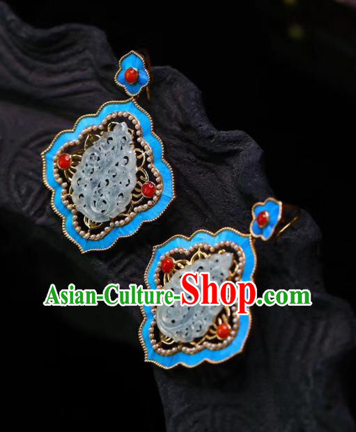 China Handmade Jadeite Ear Accessories Traditional Qing Dynasty Agate Blueing Earrings China Handmade Jadeite Ear Accessories Traditional Qing Dynasty Agate Blueing Earrings