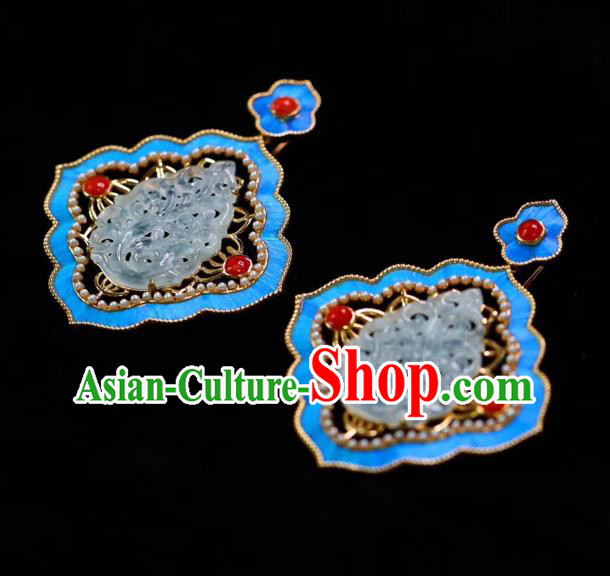 China Handmade Jadeite Ear Accessories Traditional Qing Dynasty Agate Blueing Earrings China Handmade Jadeite Ear Accessories Traditional Qing Dynasty Agate Blueing Earrings