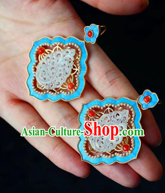 China Handmade Jadeite Ear Accessories Traditional Qing Dynasty Agate Blueing Earrings China Handmade Jadeite Ear Accessories Traditional Qing Dynasty Agate Blueing Earrings