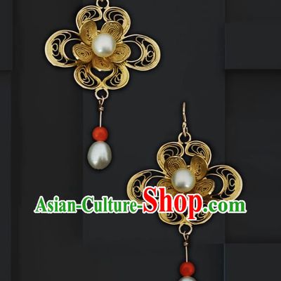 China Traditional Cheongsam Golden Flower Earrings Handmade Qing Dynasty Pearls Ear Accessories
