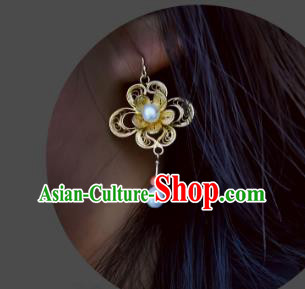 China Traditional Cheongsam Golden Flower Earrings Handmade Qing Dynasty Pearls Ear Accessories China Traditional Cheongsam Golden Flower Earrings Handmade Qing Dynasty Pearls Ear Accessories