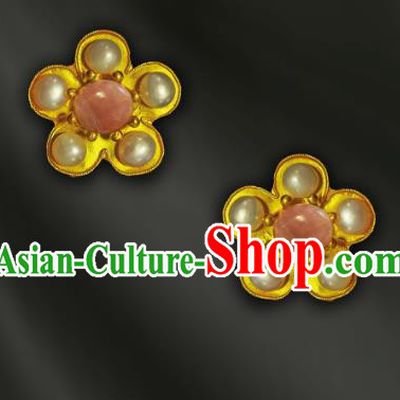 China Traditional Cheongsam Rose Quartz Earrings Handmade Golden Plum Blossom Ear Accessories