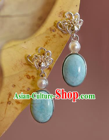 China Traditional Cheongsam Silver Chrysanthemum Earrings Handmade Kallaite Ear Accessories