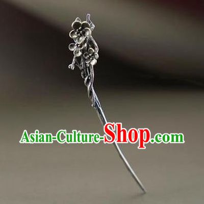 Chinese Handmade Cheongsam Hairpin Traditional Hair Accessories National Silver Carving Plum Hair Stick