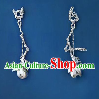 China Handmade Ear Accessories Traditional Cheongsam Silver Mangnolia Earrings