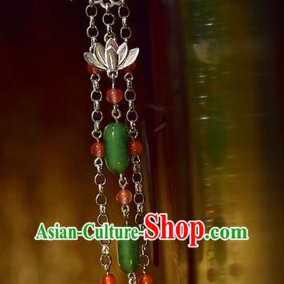 China Handmade Silver Lotus Ear Accessories Traditional Cheongsam Jadeite Tassel Earrings