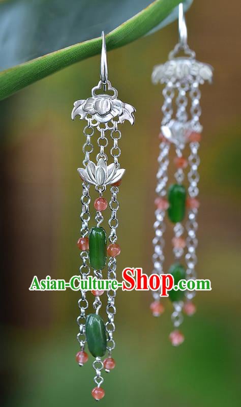 China Handmade Silver Lotus Ear Accessories Traditional Cheongsam Jadeite Tassel Earrings China Handmade Silver Lotus Ear Accessories Traditional Cheongsam Jadeite Tassel Earrings