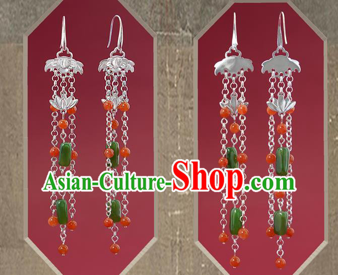 China Handmade Silver Lotus Ear Accessories Traditional Cheongsam Jadeite Tassel Earrings China Handmade Silver Lotus Ear Accessories Traditional Cheongsam Jadeite Tassel Earrings