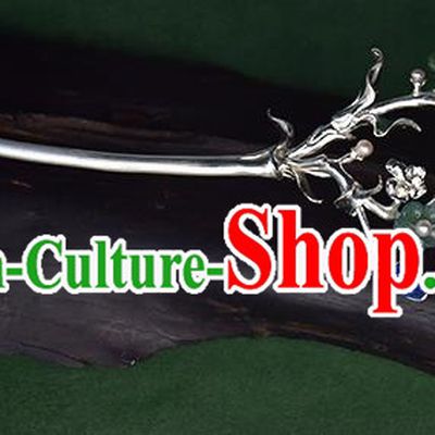 Chinese National Cheongsam Jade Plum Blossom Hair Stick Traditional Hair Accessories Handmade Silver Pearls Hairpin