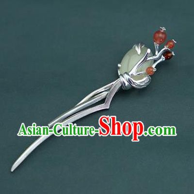 Chinese Traditional Hair Accessories Handmade Silver Hairpin National Cheongsam Hetian Jade Hair Comb