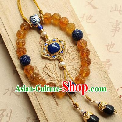 Chinese Traditional Qing Dynasty Topaz Beads Bracelet National Cheongsam Lapis Brooch