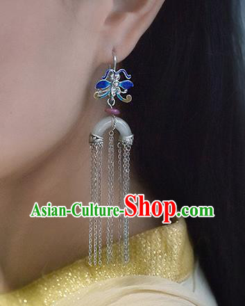 China Handmade Silver Tassel Ear Accessories Traditional Cheongsam Cloisonne Dragonfly Jade Earrings China Handmade Silver Tassel Ear Accessories Traditional Cheongsam Cloisonne Dragonfly Jade Earrings