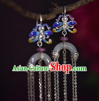 China Handmade Silver Tassel Ear Accessories Traditional Cheongsam Cloisonne Dragonfly Jade Earrings China Handmade Silver Tassel Ear Accessories Traditional Cheongsam Cloisonne Dragonfly Jade Earrings