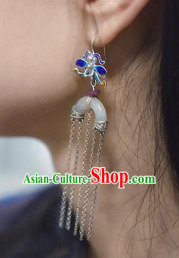 China Handmade Silver Tassel Ear Accessories Traditional Cheongsam Cloisonne Dragonfly Jade Earrings China Handmade Silver Tassel Ear Accessories Traditional Cheongsam Cloisonne Dragonfly Jade Earrings