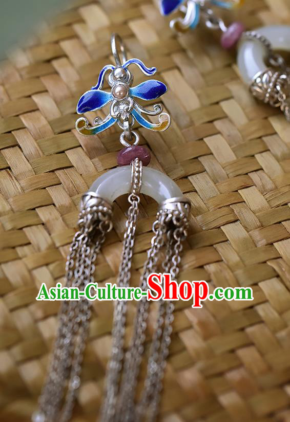 China Handmade Silver Tassel Ear Accessories Traditional Cheongsam Cloisonne Dragonfly Jade Earrings China Handmade Silver Tassel Ear Accessories Traditional Cheongsam Cloisonne Dragonfly Jade Earrings