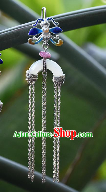 China Handmade Silver Tassel Ear Accessories Traditional Cheongsam Cloisonne Dragonfly Jade Earrings China Handmade Silver Tassel Ear Accessories Traditional Cheongsam Cloisonne Dragonfly Jade Earrings