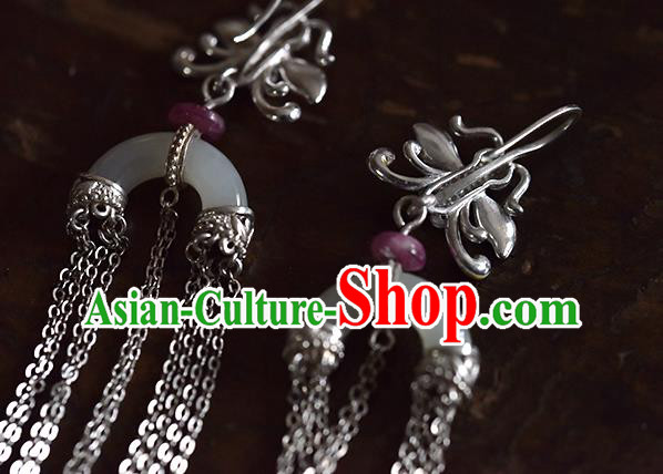 China Handmade Silver Tassel Ear Accessories Traditional Cheongsam Cloisonne Dragonfly Jade Earrings China Handmade Silver Tassel Ear Accessories Traditional Cheongsam Cloisonne Dragonfly Jade Earrings